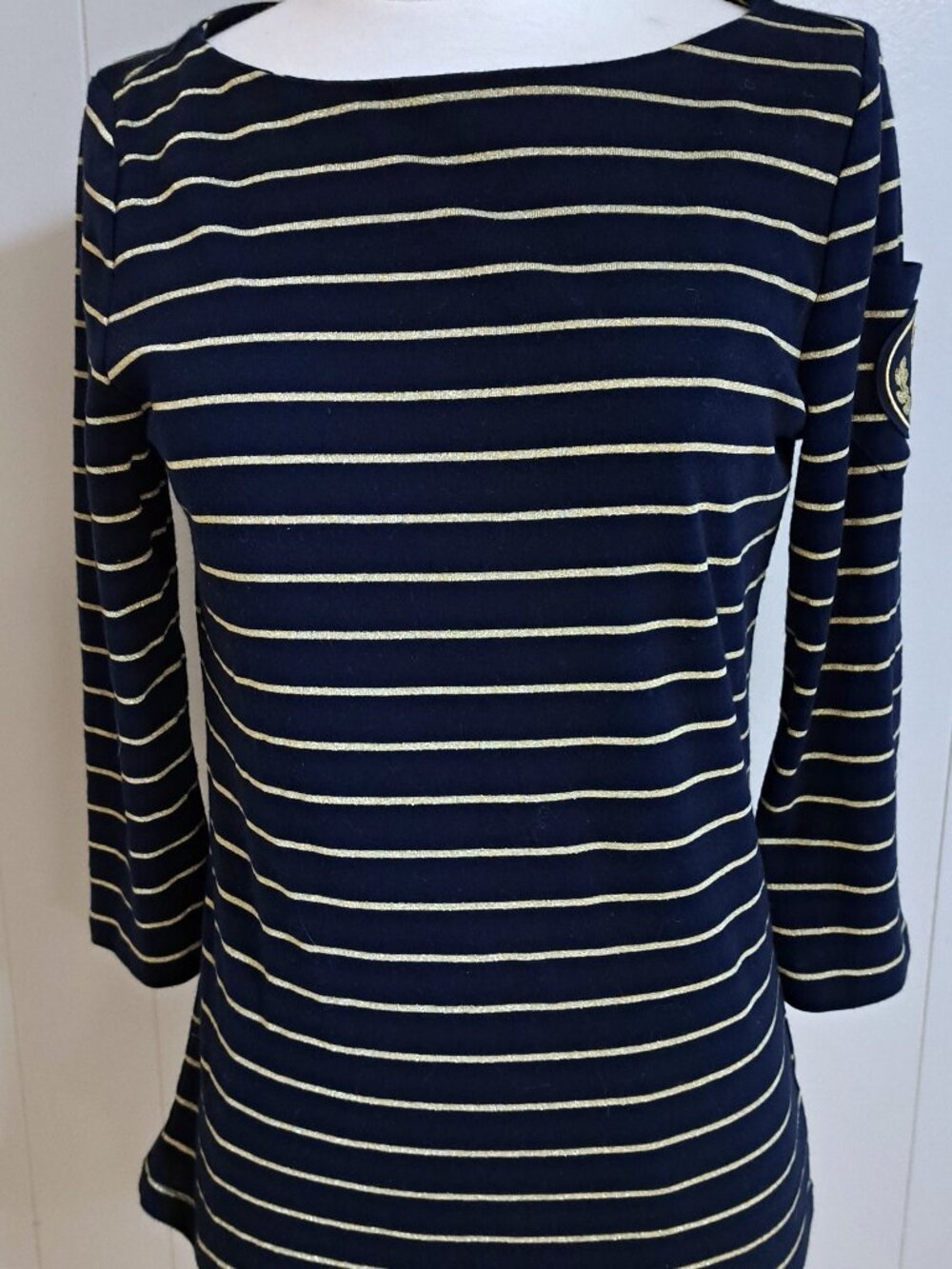 RALPH LAUREN LADIES NAVY W GOLD METALLIC STRIPE KNIT TOP SIZE SMALL